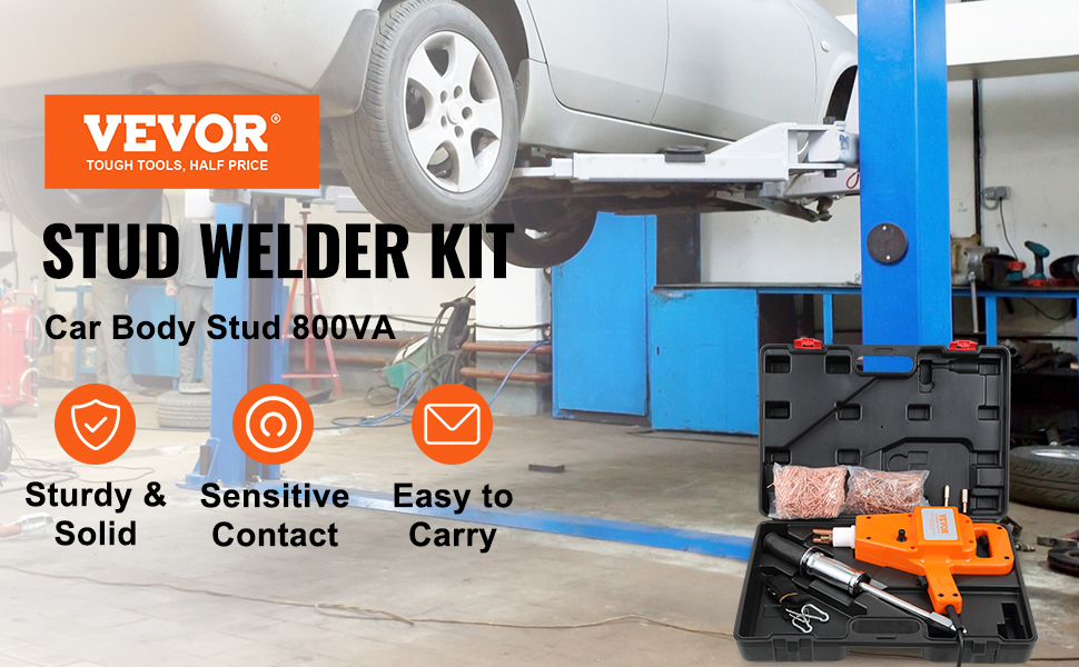 VEVOR stud welder kit in auto repair garage with car lift and tools