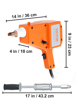 VEVOR stud welder, orange with measurements and handle attachment.