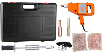 VEVOR stud welder kit with case, stud gun, accessories, and fastening pins.