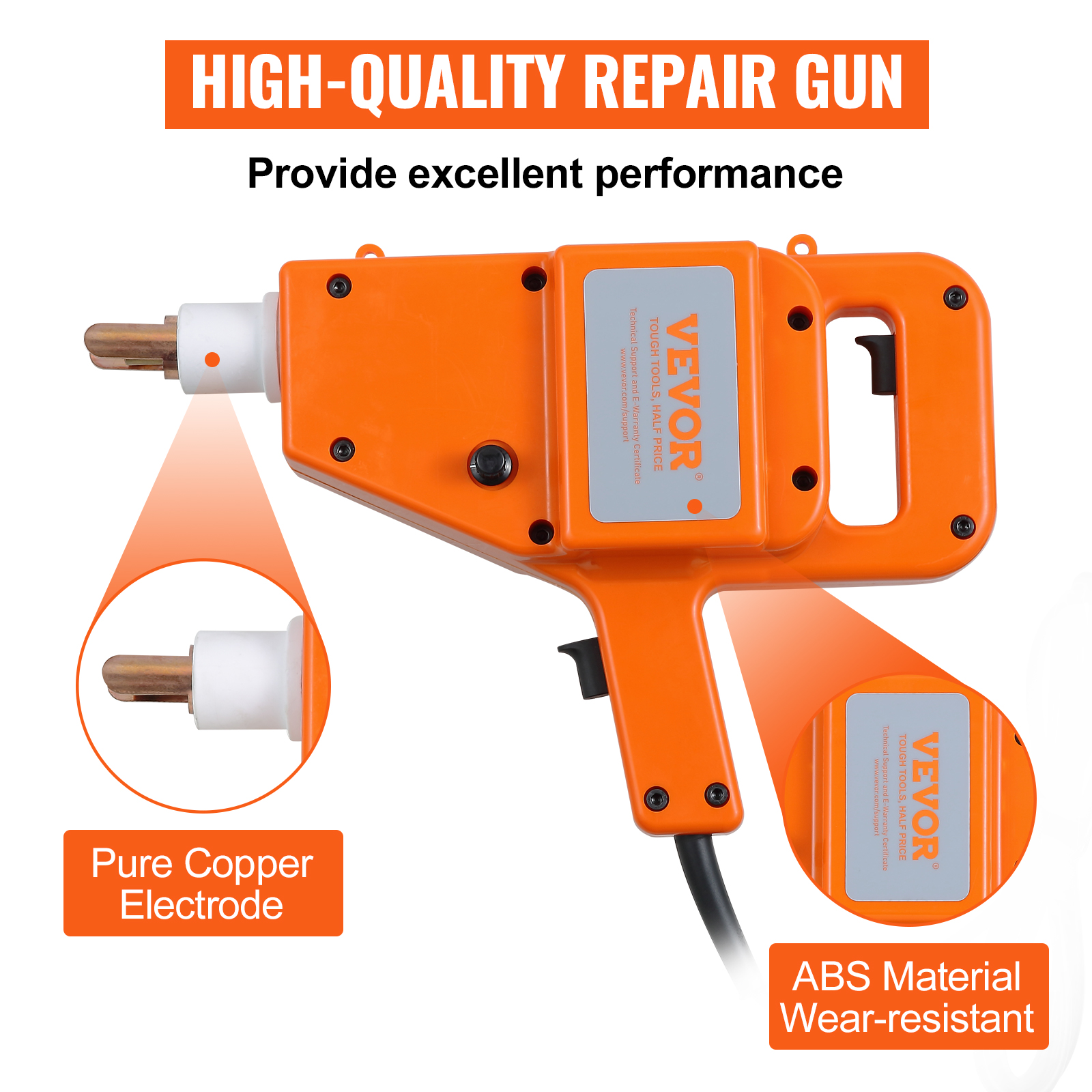VEVOR stud welder with pure copper electrode and wear-resistant abs material.