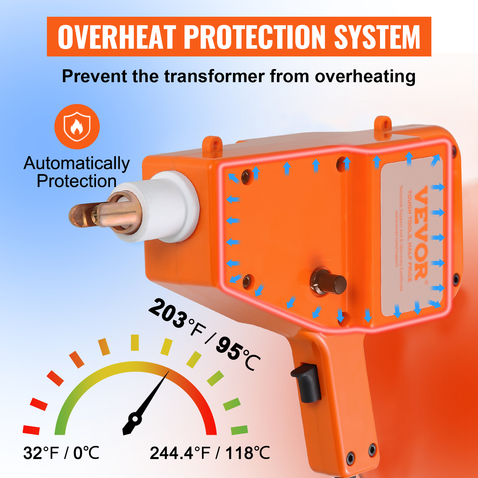 VEVOR stud welder featuring overheat protection system and temperature gauge.