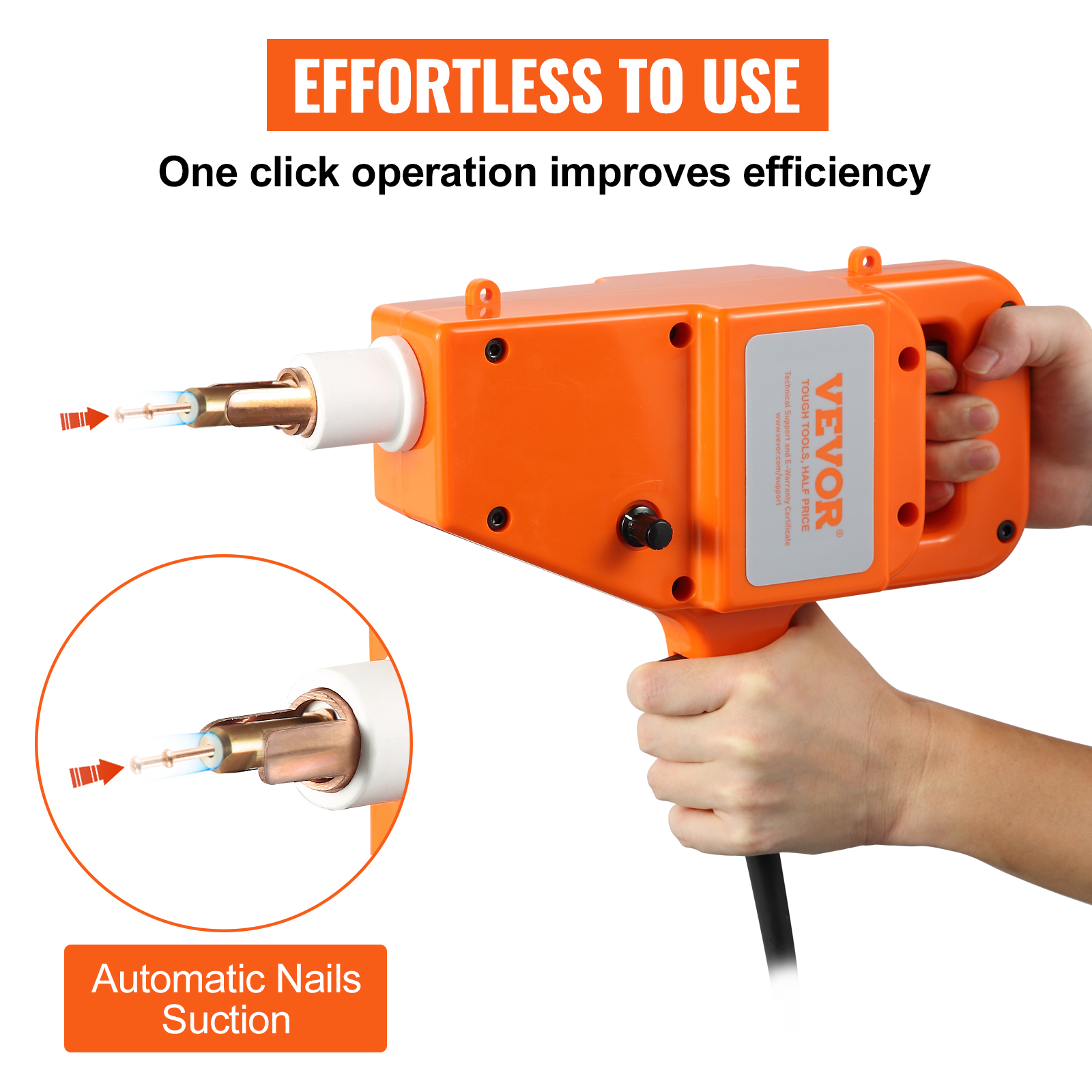 hands holding the VEVOR stud welder with automatic nails suction and simple operation.