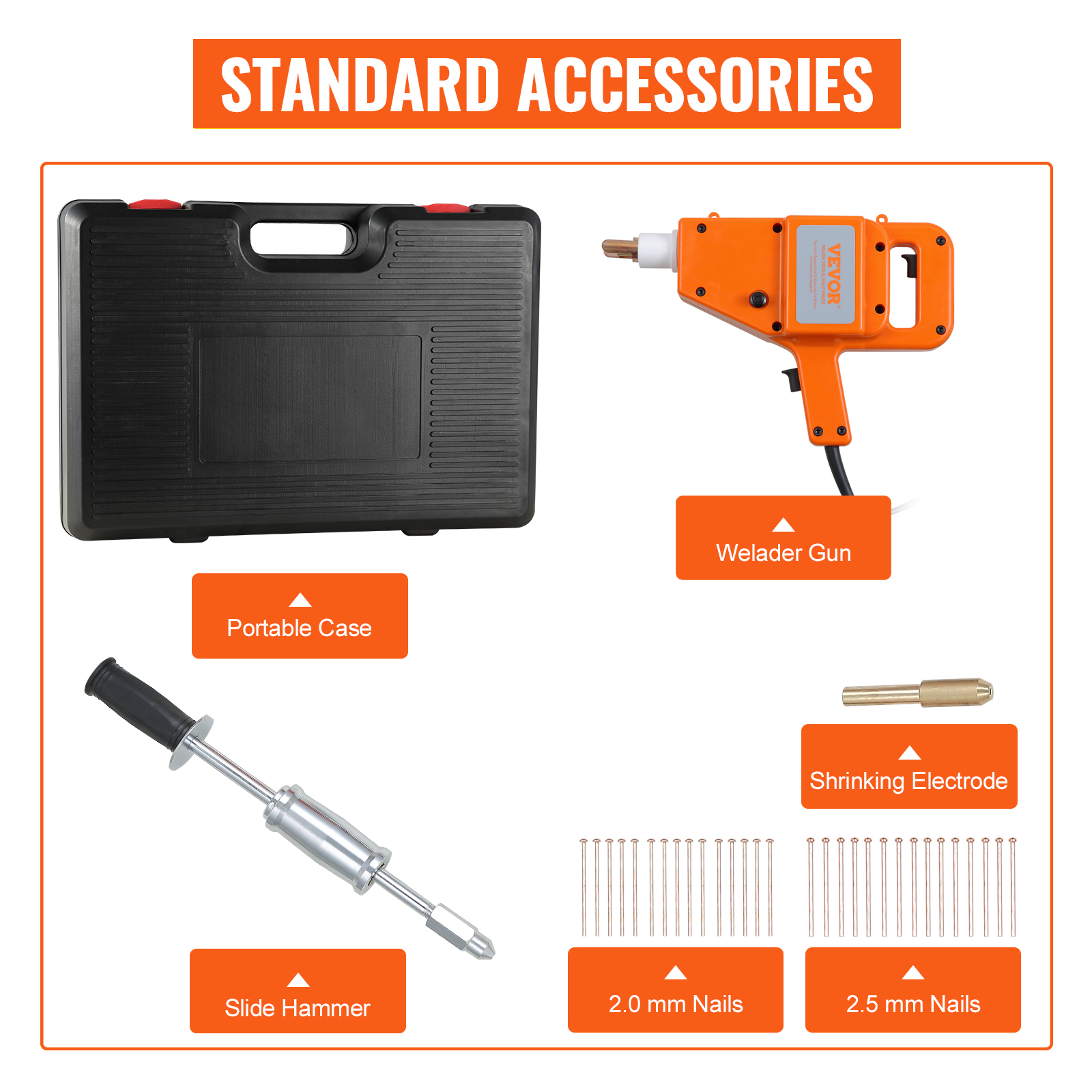 VEVOR stud welder with portable case, welder gun, slide hammer, nails, and electrode.