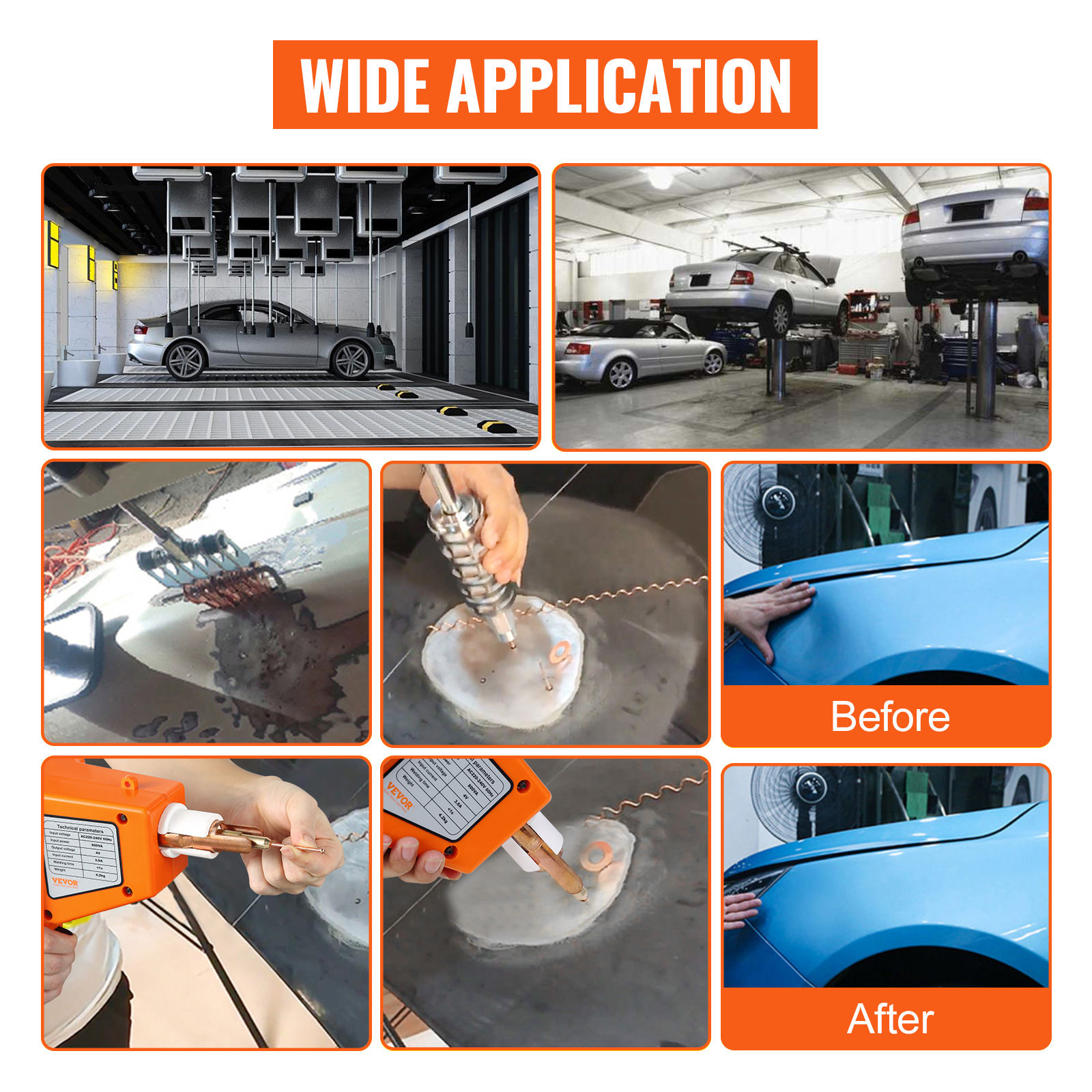 VEVOR stud welder used in auto repair shop for various car dent removal tasks.