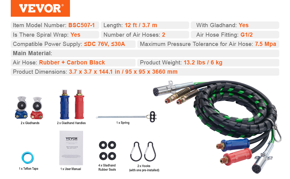VEVOR semi truck air lines kit with rubber + carbon black hose, gladhands, and various accessories.