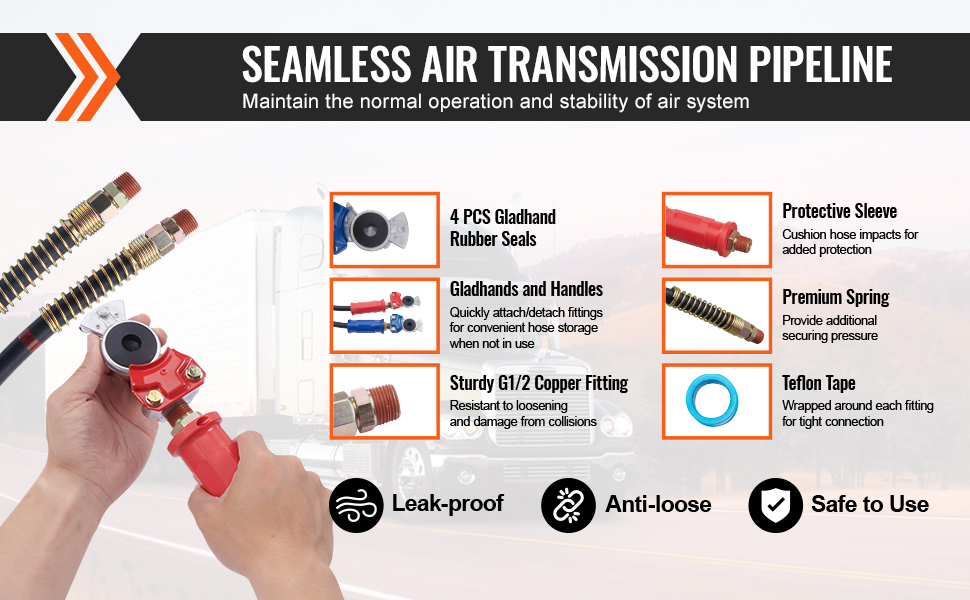 VEVOR semi truck air lines kit features protective sleeve, premium spring, and teflon tape for stability.