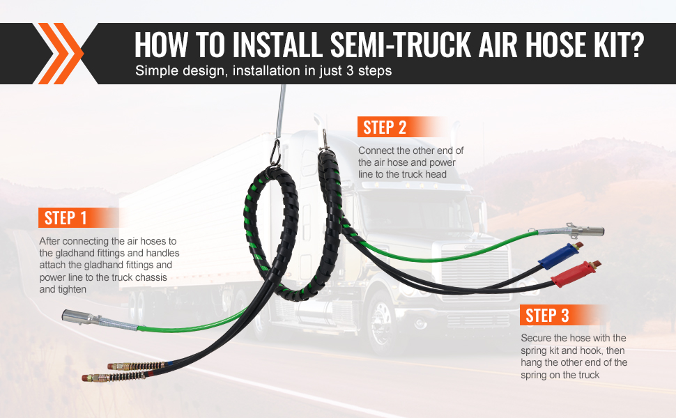 steps to install VEVOR semi truck air lines kit with air hoses and gladhand fittings on a semi truck.