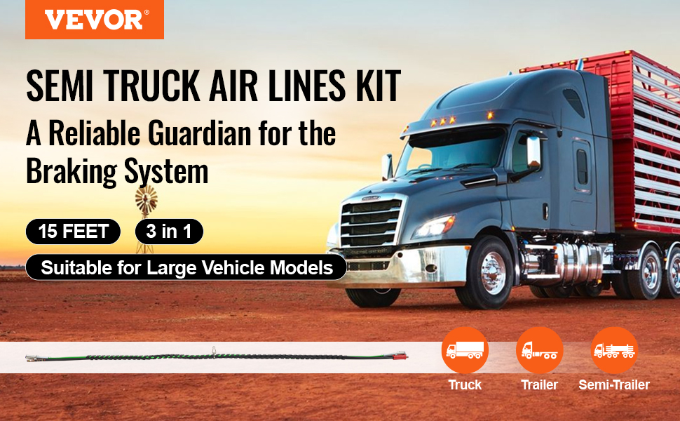 VEVOR semi truck air lines kit, 15 feet, 3 in 1, suitable for large vehicle models, braking system.