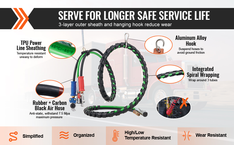 VEVOR semi truck air lines kit features tpu sheathing, carbon black air hose, integrated spiral wrap, and aluminum hook.
