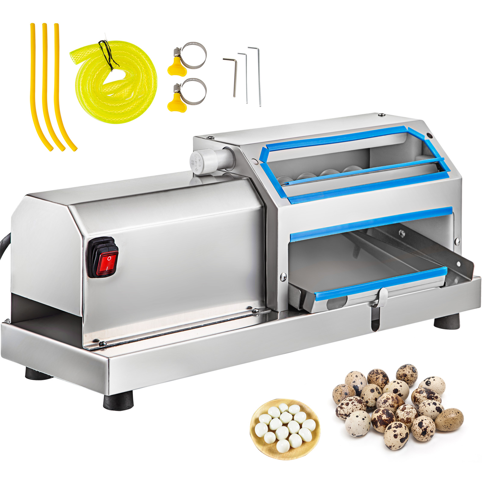 VEVOR quail egg peeler machine with accessories and peeled quail eggs on a dish.