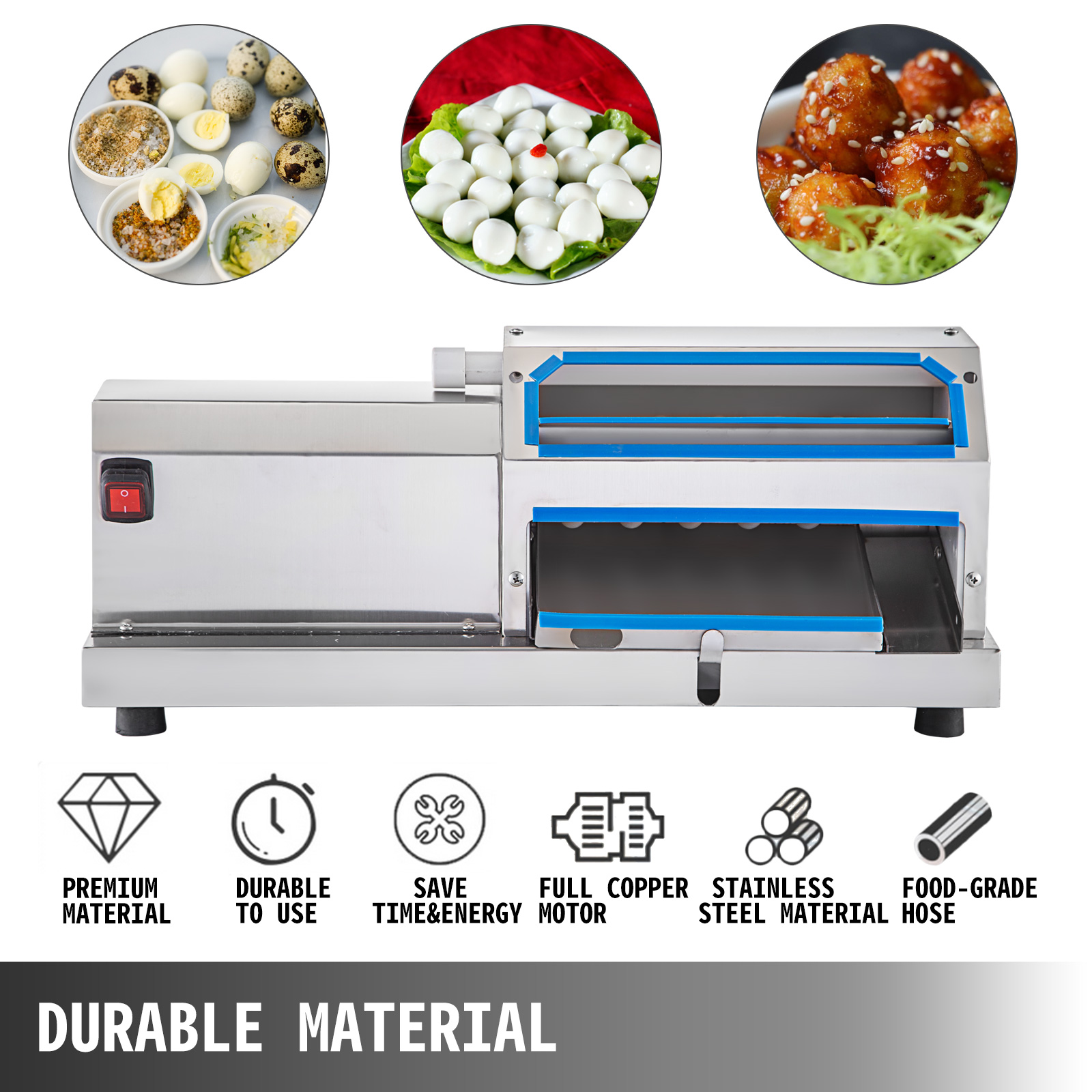 VEVOR quail egg peeler machine with stainless steel and food images above.