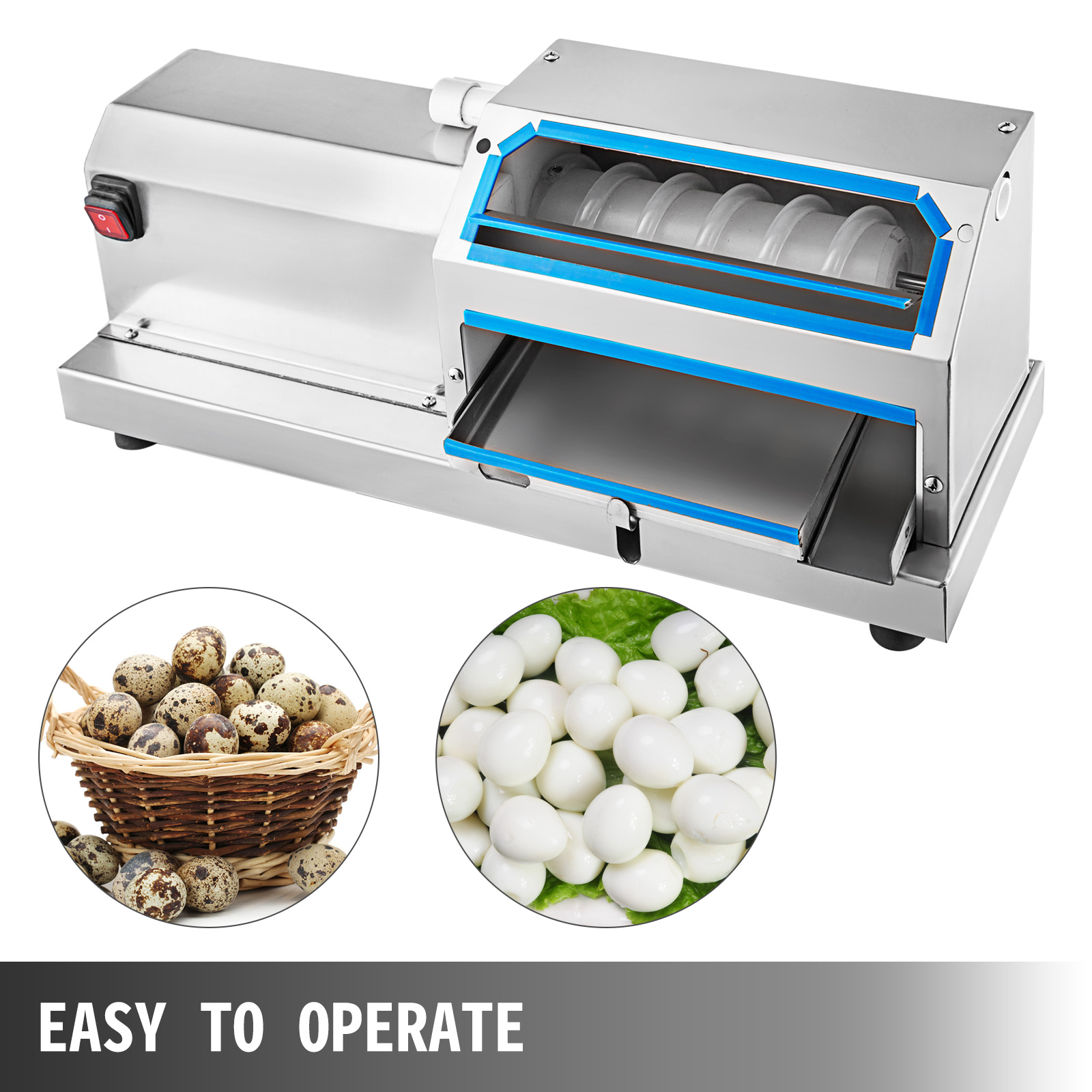 VEVOR quail egg peeler machine with peeled and unpeeled quail eggs, easy to operate