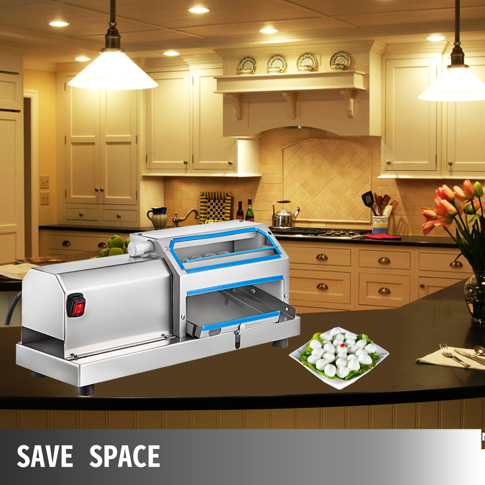VEVOR quail egg peeler machine on a modern kitchen counter with white cabinets.