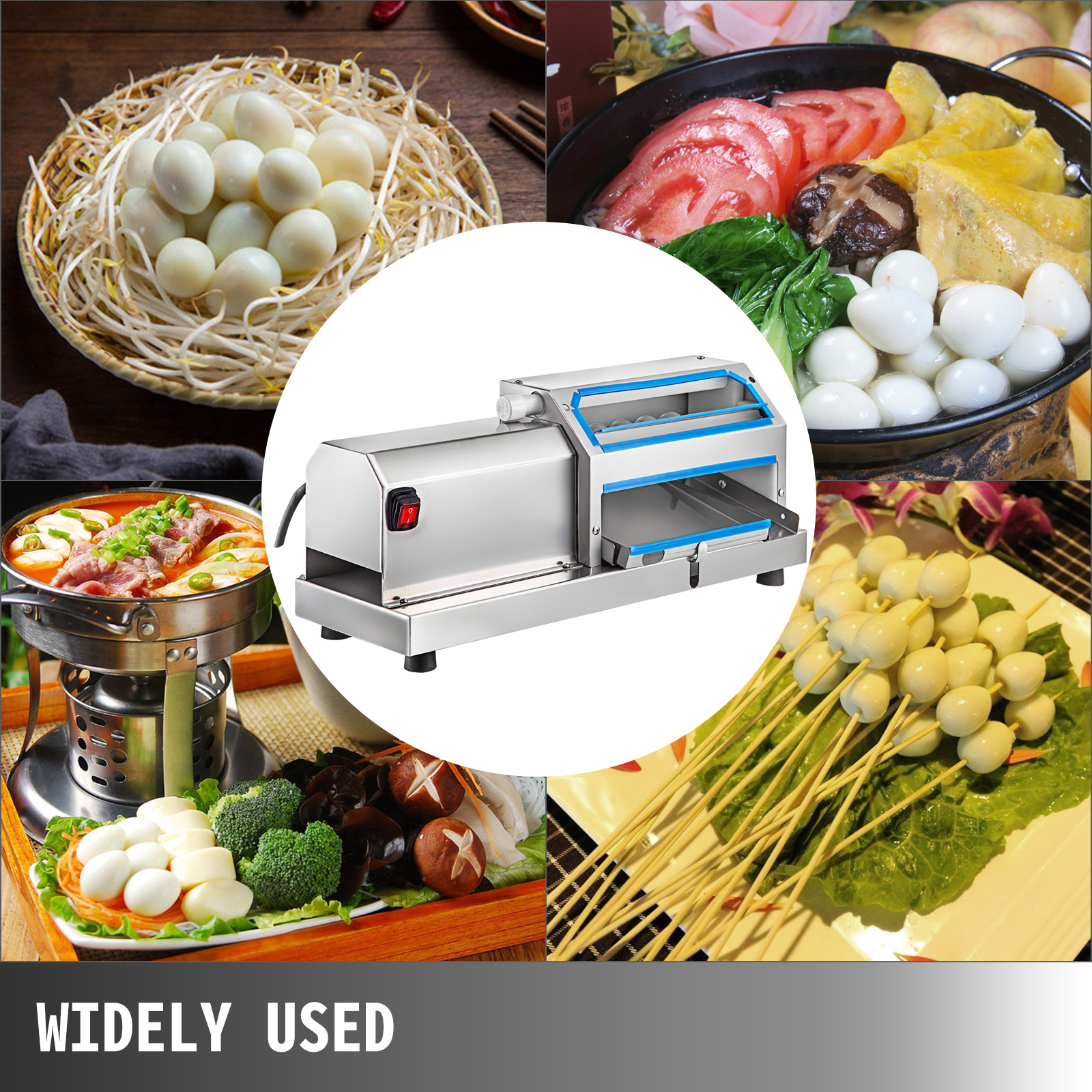 VEVOR quail egg peeler machine with quail eggs in various dishes, widely used.
