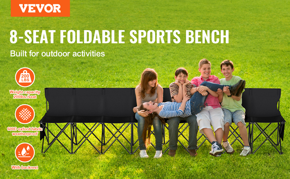 VEVOR folding sport bench with 8 seats, built for outdoor activities, in a green field.