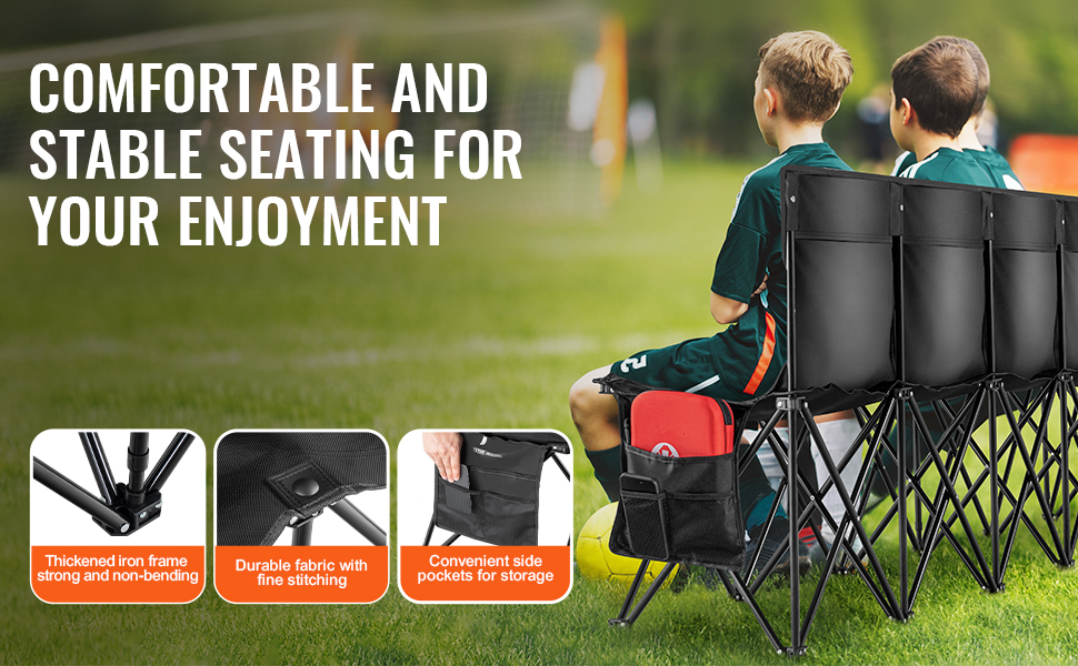 VEVOR folding sport bench at a soccer field with durable fabric, iron frame, and side pockets for storage.