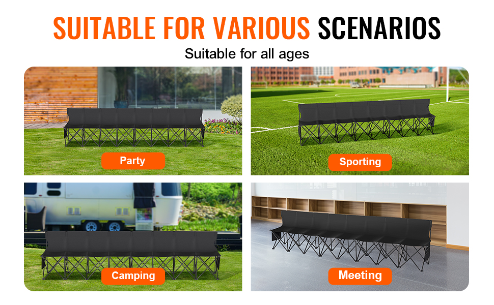 VEVOR folding sport bench displayed in various scenarios: party, sporting, camping, and meeting. suitable for all ages.