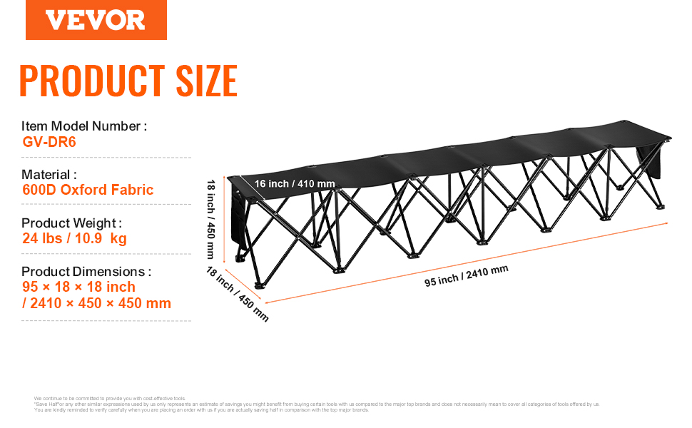 VEVOR portable folding sport bench, 95x18x18 inches, 600d oxford fabric, model gv-dr6, weighs 24 lbs.