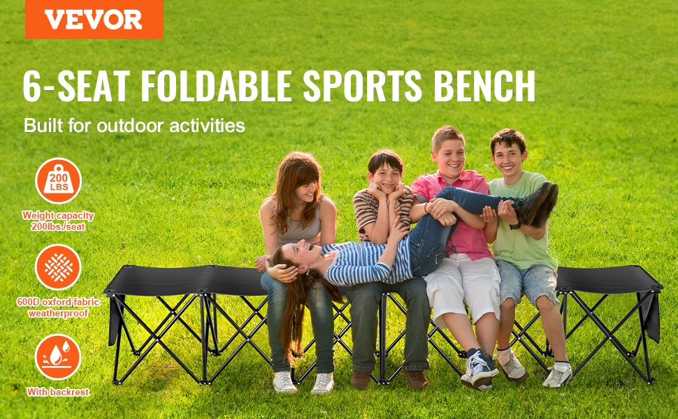 VEVOR portable folding sport bench with six seats, perfect for outdoor activities, 200lb capacity per seat.