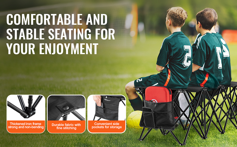 VEVOR portable folding sport bench features strong iron frame, durable fabric, and side storage pockets.