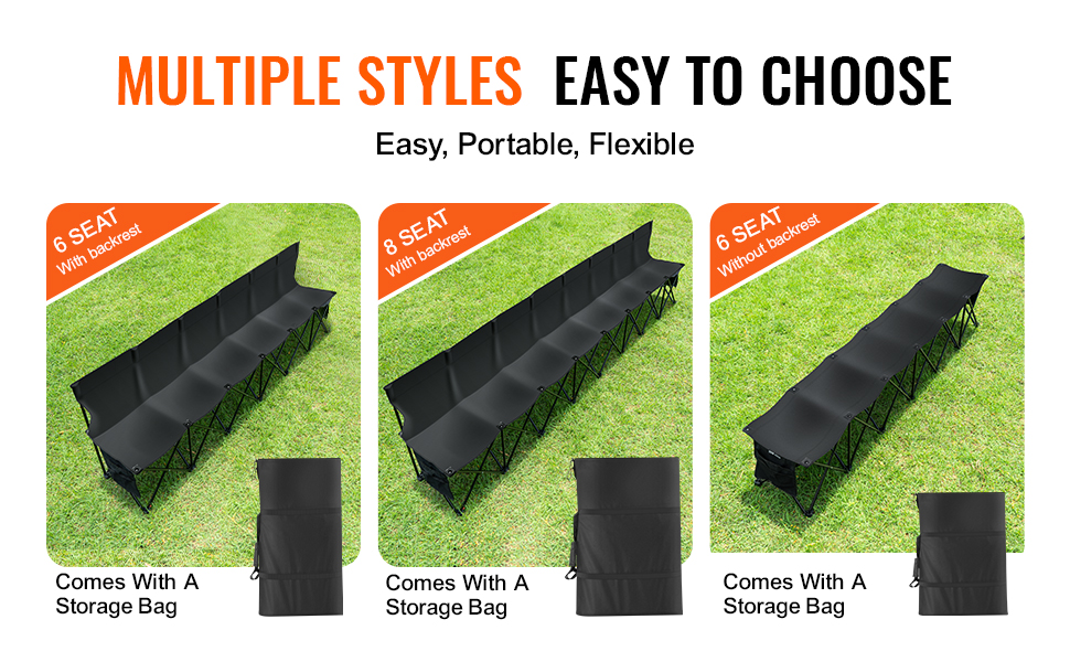 VEVOR portable folding sport bench in 6 or 8 seat options with and without backrests, includes storage bag.