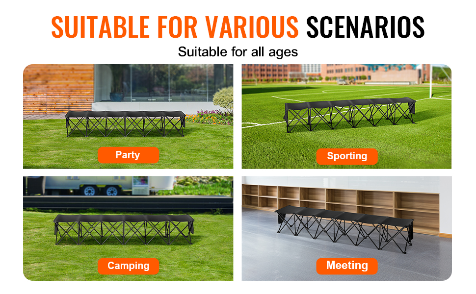 VEVOR portable folding sport bench in various scenarios: party, sporting, camping, and meeting.