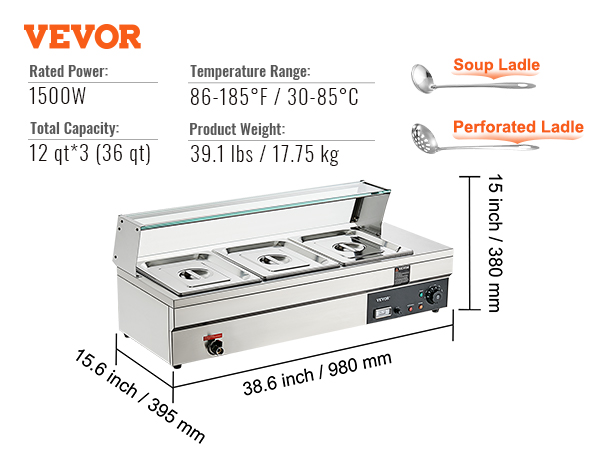 VEVOR commercial food warmer, 1500w, 12 qt*3 capacity, 86-185°f range, 39.1 lbs, with soup and perforated ladles.