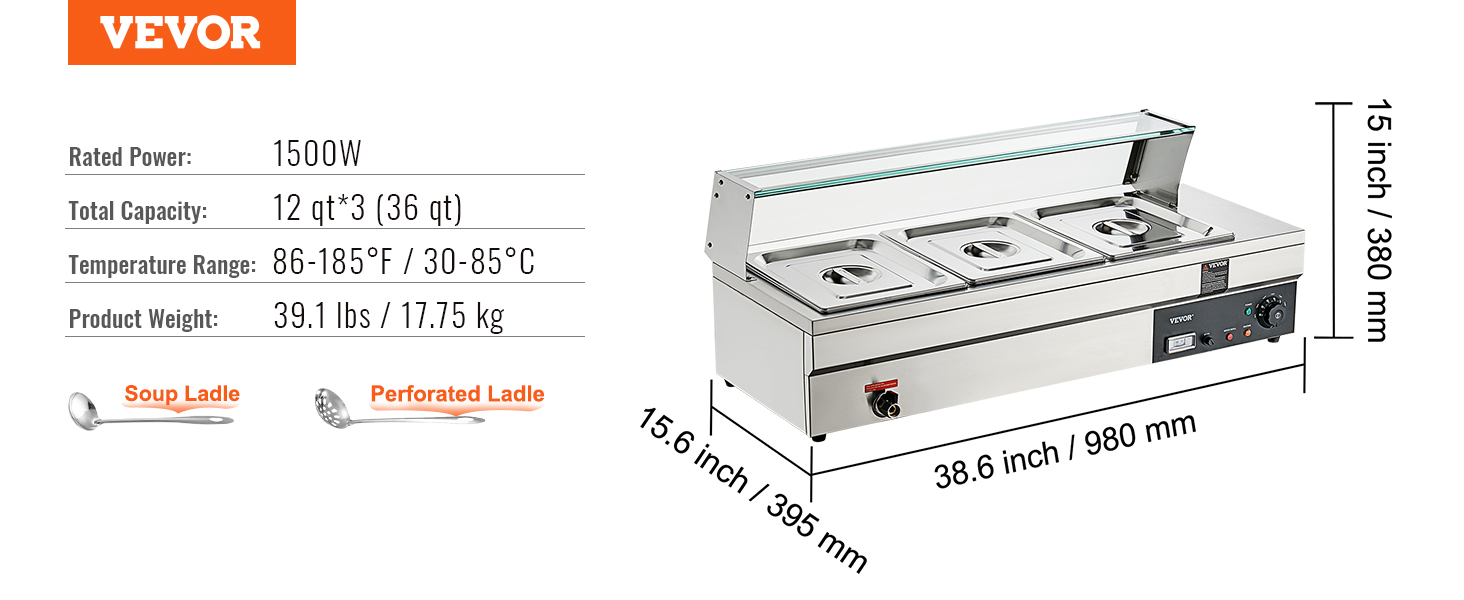 VEVOR commercial food warmer, 1500w, 12 qt*3 capacity, 86-185°f range, 39.1 lbs, with soup and perforated ladles.
