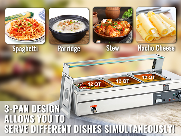3-pan VEVOR commercial food warmer for spaghetti, porridge, stew, and nacho cheese, serving different dishes.