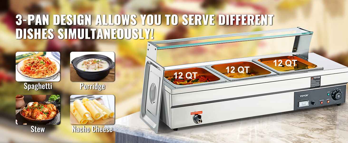 3-pan VEVOR commercial food warmer for spaghetti, porridge, stew, and nacho cheese, serving different dishes.