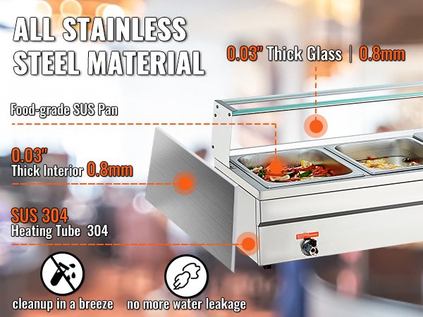 VEVOR commercial food warmer with stainless steel, thick glass cover, and food-grade pans.