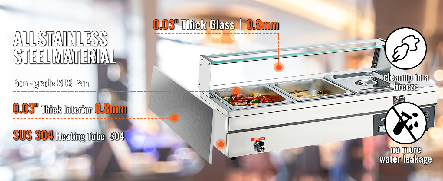 VEVOR commercial food warmer with stainless steel, thick glass cover, and food-grade pans.