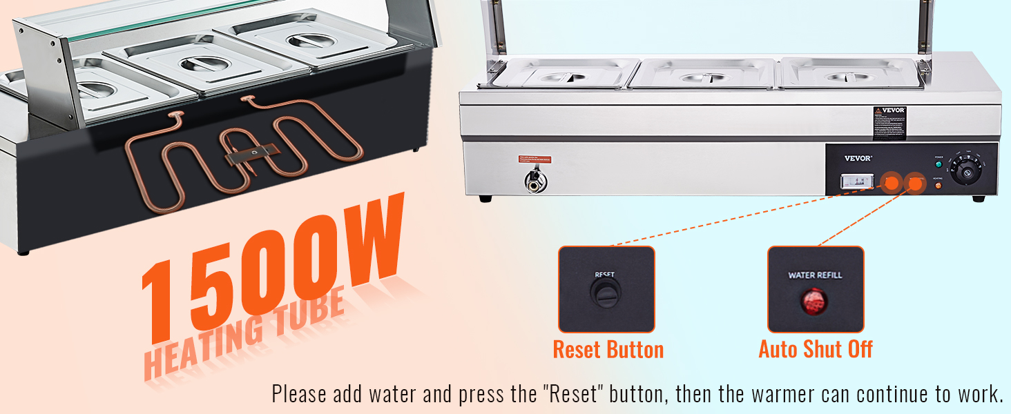 VEVOR commercial food warmer with 1500w heating tube, reset button, and auto shut off feature.
