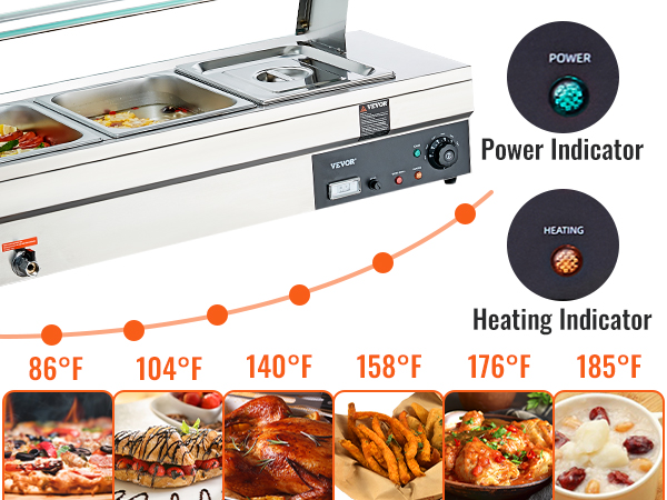 VEVOR commercial food warmer with temperature settings and trays of various food items, plus power indicators.