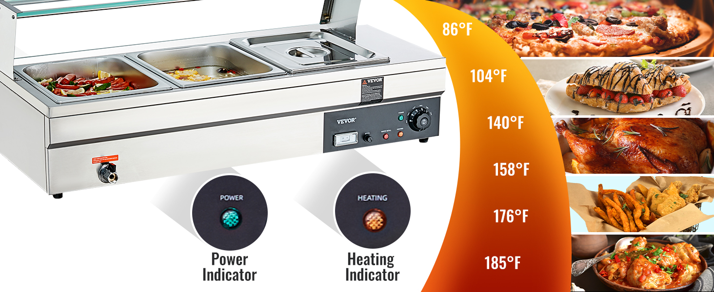 VEVOR commercial food warmer with temperature settings and trays of various food items, plus power indicators.