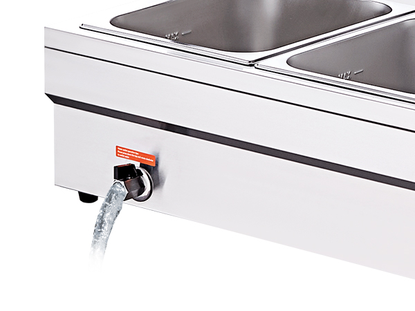 stainless steel VEVOR commercial food warmer with two compartments and water drainage spout.