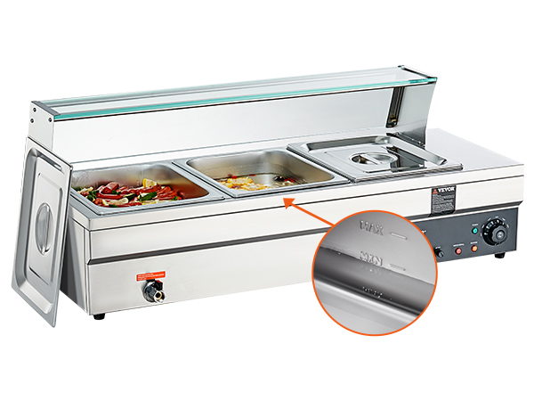 VEVOR commercial food warmer with three stainless steel pans, temperature control, and glass cover.