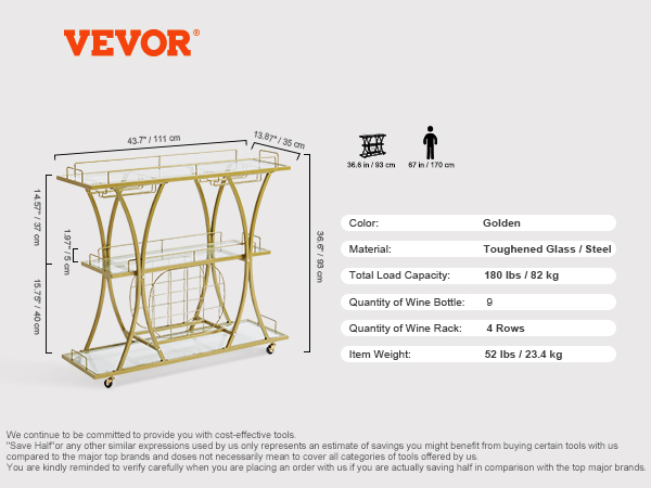 golden VEVOR bar cart with toughened glass and steel, holds 9 wine bottles, and has a total load capacity of 180 lbs.