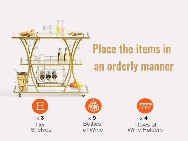 VEVOR bar cart with 3 tier shelves, 4 rows of wine holders, and 9 bottles of wine.