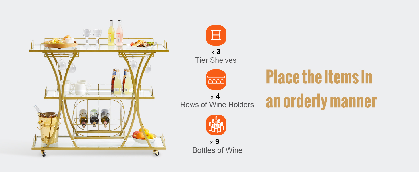 VEVOR bar cart with 3 tier shelves, 4 rows of wine holders, and 9 bottles of wine.