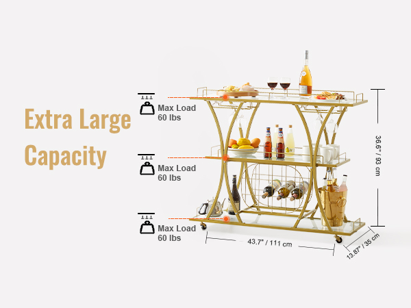 VEVOR bar cart with extra large capacity, three shelves, and max load of 60 lbs per shelf.