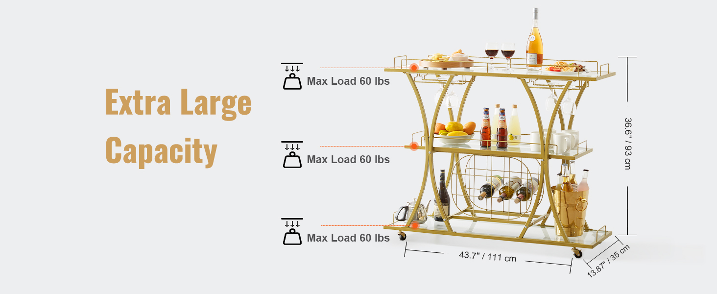VEVOR bar cart with extra large capacity, three shelves, and max load of 60 lbs per shelf.