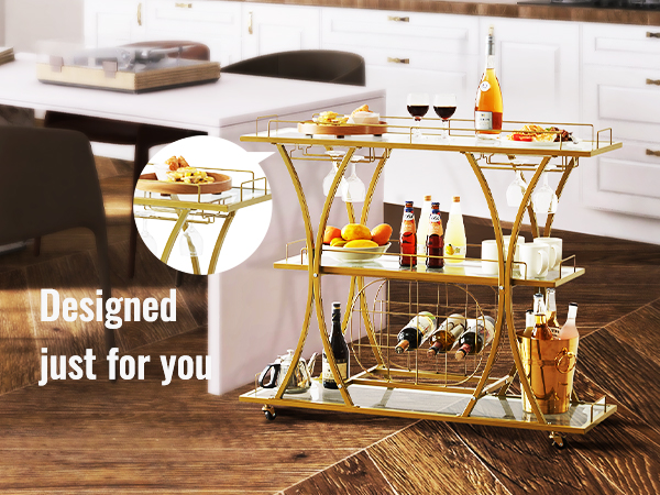 modern kitchen with a gold VEVOR bar cart featuring drinks, fruits, and glassware on wooden flooring.