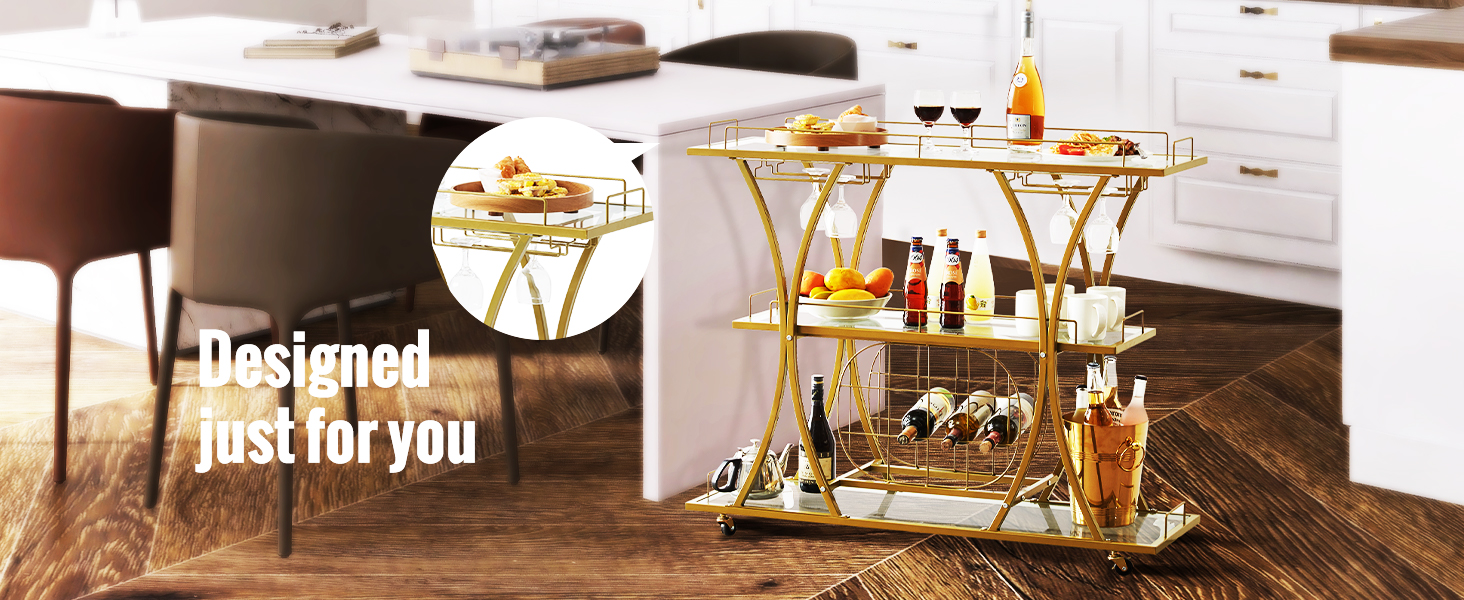 modern kitchen with a gold VEVOR bar cart featuring drinks, fruits, and glassware on wooden flooring.