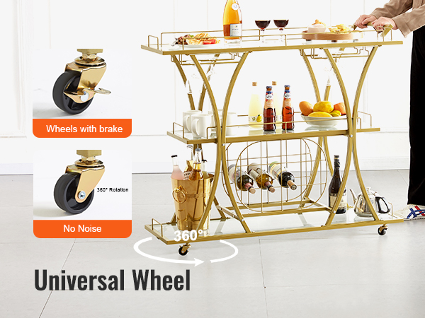 VEVOR bar cart with universal 360° rotating wheels, wine bottles, drink accessories, and fruits.