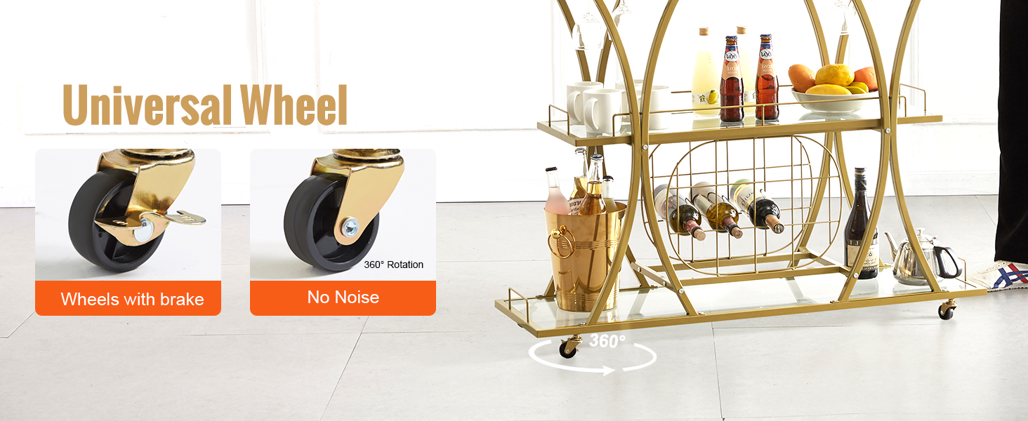 VEVOR bar cart with universal 360° rotating wheels, wine bottles, drink accessories, and fruits.