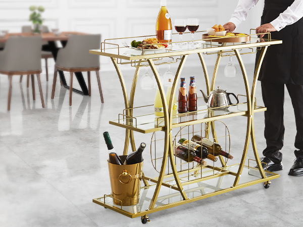 luxurious VEVOR bar cart serving drinks and food in a modern dining area with wooden tables and gray chairs.