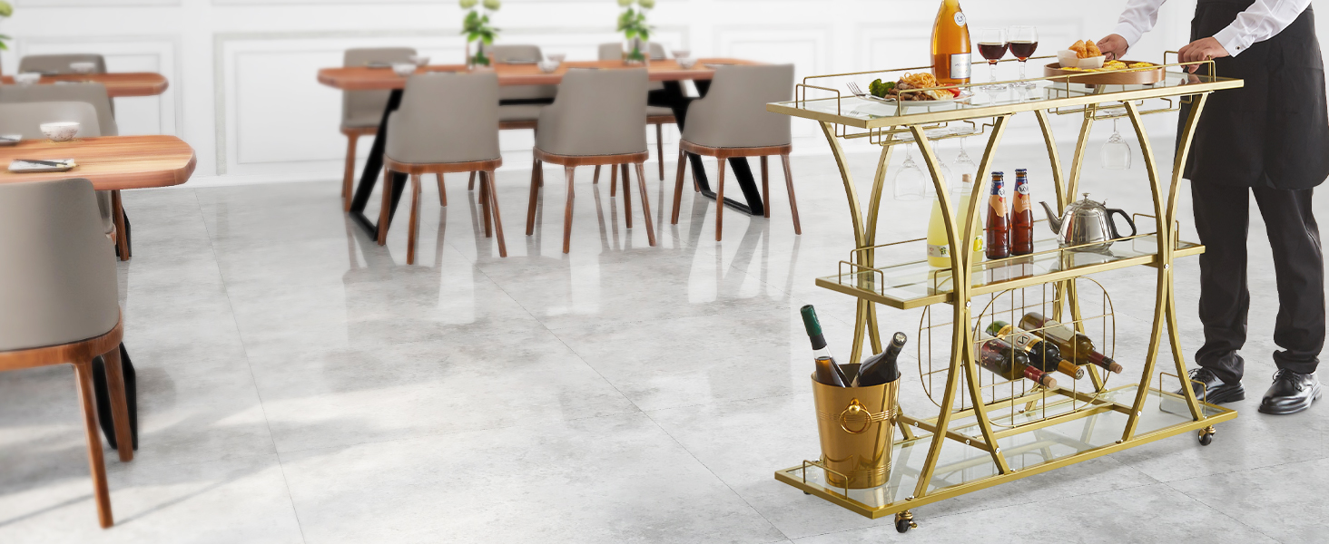 luxurious VEVOR bar cart serving drinks and food in a modern dining area with wooden tables and gray chairs.