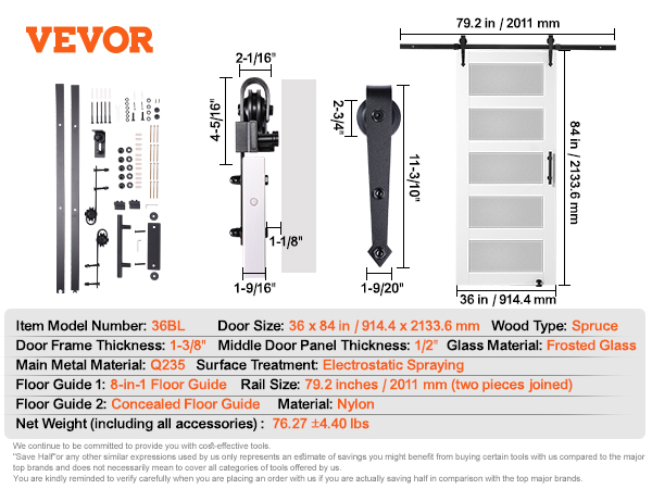 VEVOR barn door kit with 36 x 84 in frosted glass spruce door, q235 metal, nylon guides, and accessories.