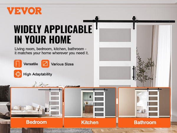VEVOR barn door kit showcased in living room, bedroom, kitchen, and bathroom settings, highlighting versatility.